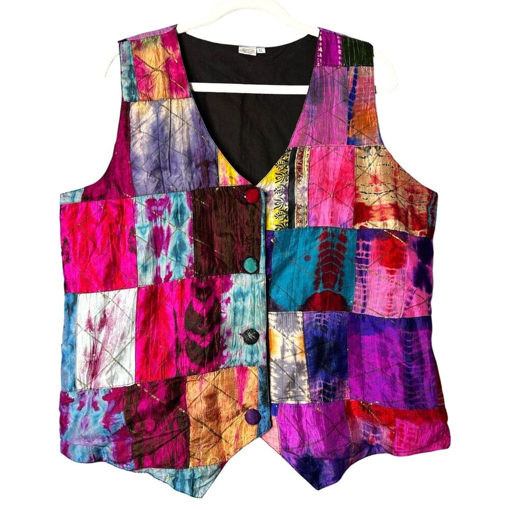 Womens Multicolor Patchwork Tie Dye 100% Silk Vest XL Indie Boho Festival Artsy